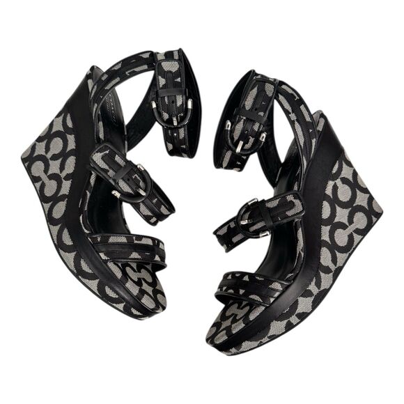 Coach Logo Maralee Wedge Jacquard Sandals Women’s 8.5B Black/Gray - Picture 2 of 9